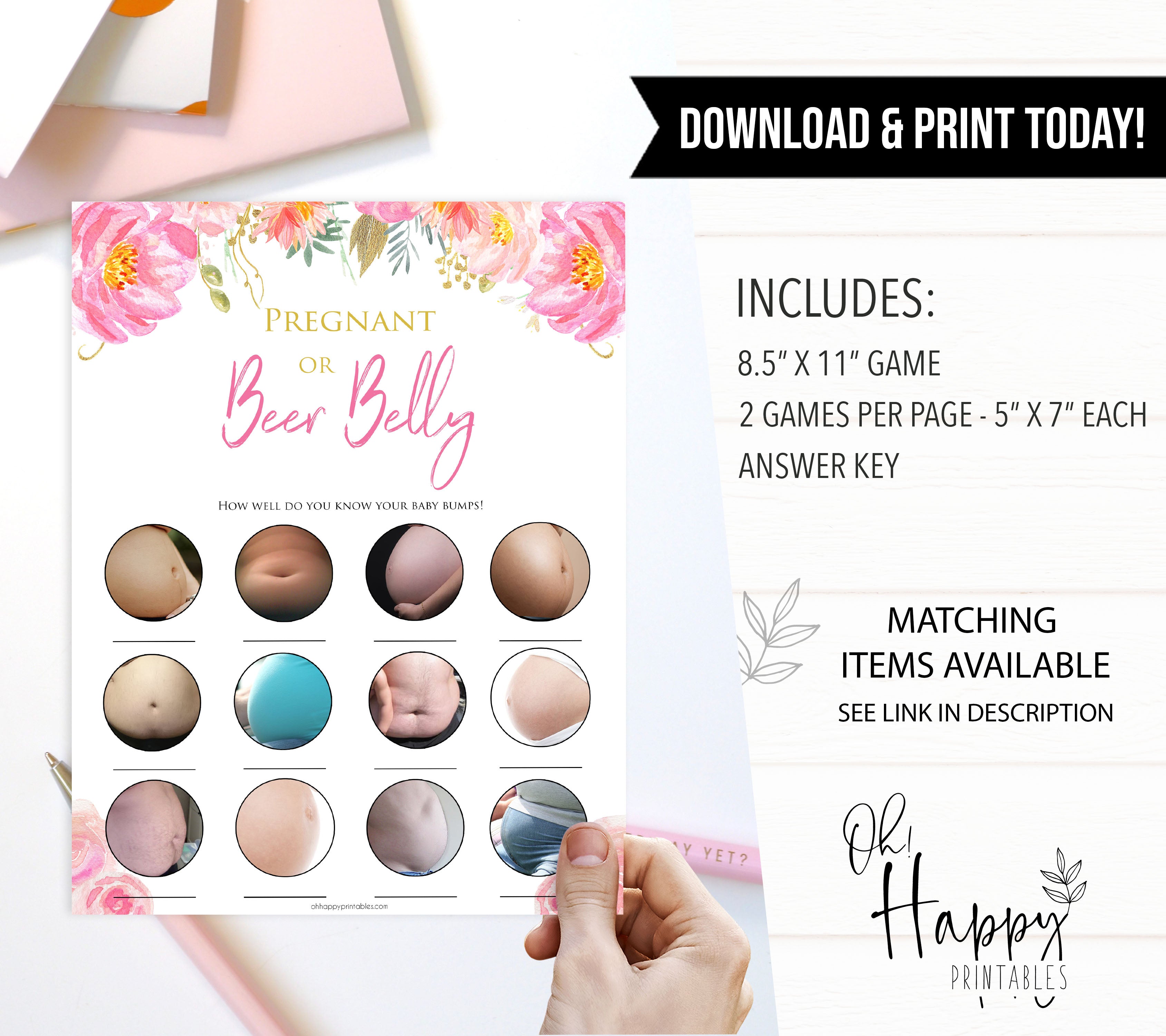 Pink blush floral baby shower pregnant or beer belly game, printable baby games, baby shower games, blush baby shower, floral baby games, girl baby shower ideas, pink baby shower ideas, floral baby games, popular baby games, fun baby games