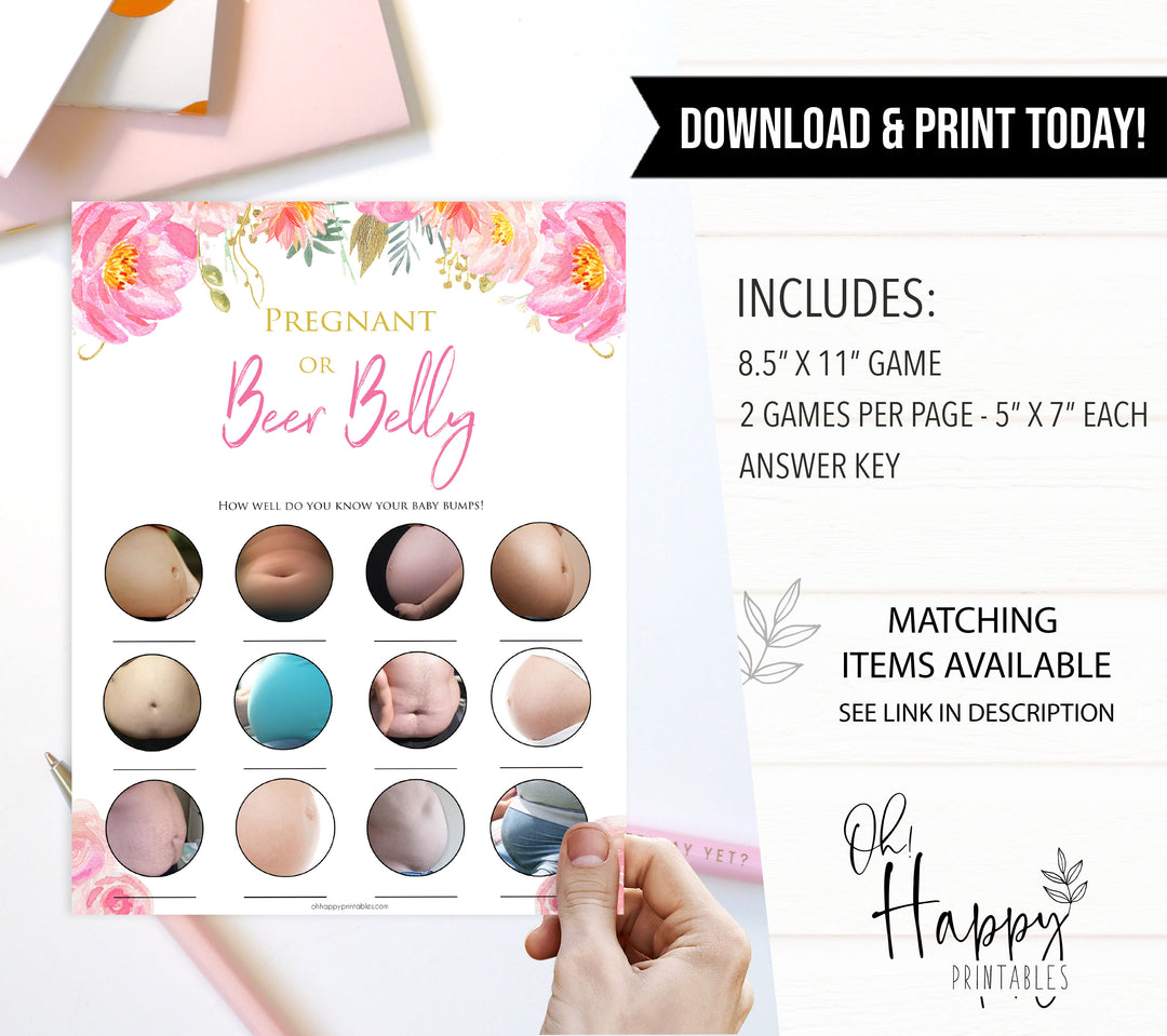 Pink blush floral baby shower pregnant or beer belly game, printable baby games, baby shower games, blush baby shower, floral baby games, girl baby shower ideas, pink baby shower ideas, floral baby games, popular baby games, fun baby games