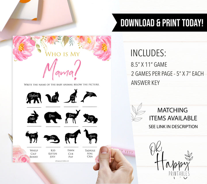 Pink blush floral baby shower who is my mama game, printable baby games, baby shower games, blush baby shower, floral baby games, girl baby shower ideas, pink baby shower ideas, floral baby games, popular baby games, fun baby games