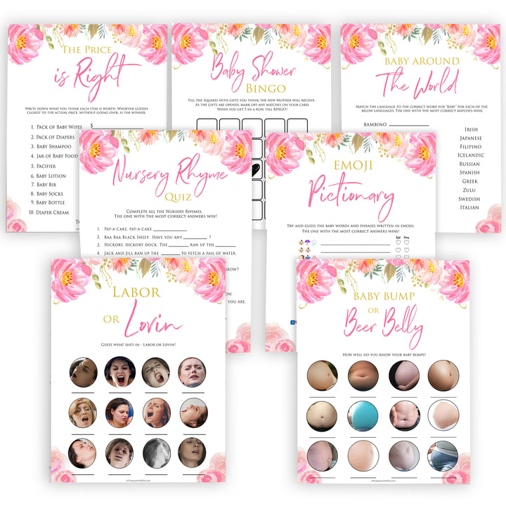 Pink blush floral baby shower games, 7 baby shower games, baby games bundle, printable baby games, baby shower games, blush baby shower, floral baby games, girl baby shower ideas, pink baby shower ideas, floral baby games, popular baby games, fun baby games