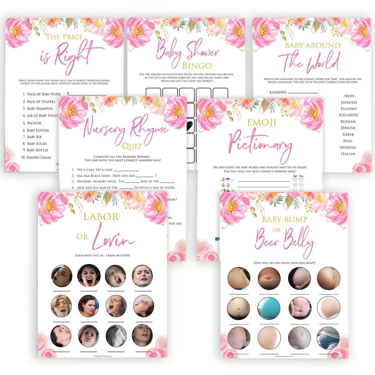 Pink blush floral baby shower games, 7 baby shower games, baby games bundle, printable baby games, baby shower games, blush baby shower, floral baby games, girl baby shower ideas, pink baby shower ideas, floral baby games, popular baby games, fun baby games