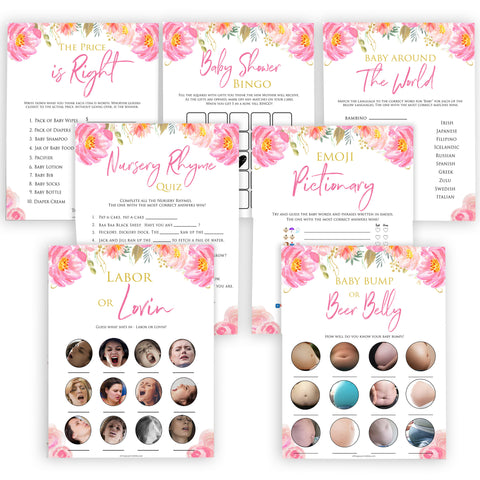 Pink blush floral baby shower games, 7 baby shower games, baby games bundle, printable baby games, baby shower games, blush baby shower, floral baby games, girl baby shower ideas, pink baby shower ideas, floral baby games, popular baby games, fun baby games
