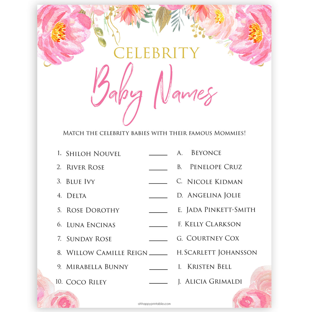 Pink blush floral celebrity baby names game, printable baby games, baby shower games, blush baby shower, floral baby games, girl baby shower ideas, pink baby shower ideas, floral baby games, popular baby games, fun baby games
