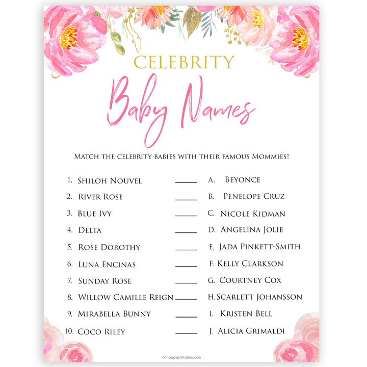 Pink blush floral celebrity baby names game, printable baby games, baby shower games, blush baby shower, floral baby games, girl baby shower ideas, pink baby shower ideas, floral baby games, popular baby games, fun baby games