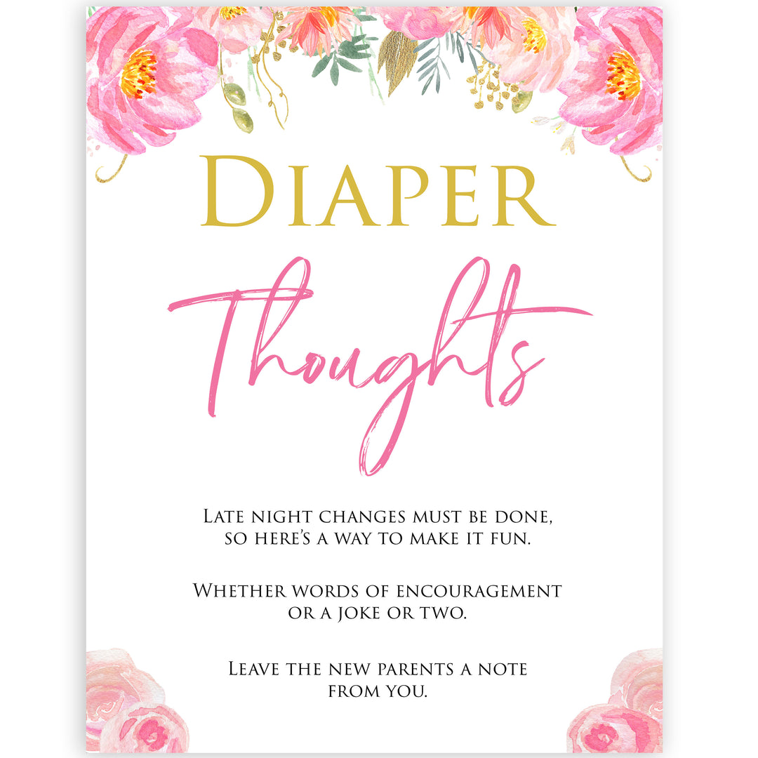 Pink blush floral diaper thoughts game, printable baby games, baby shower games, blush baby shower, floral baby games, girl baby shower ideas, pink baby shower ideas, floral baby games, popular baby games, fun baby games