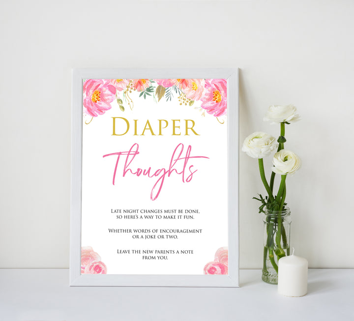 Pink blush floral diaper thoughts game, printable baby games, baby shower games, blush baby shower, floral baby games, girl baby shower ideas, pink baby shower ideas, floral baby games, popular baby games, fun baby games