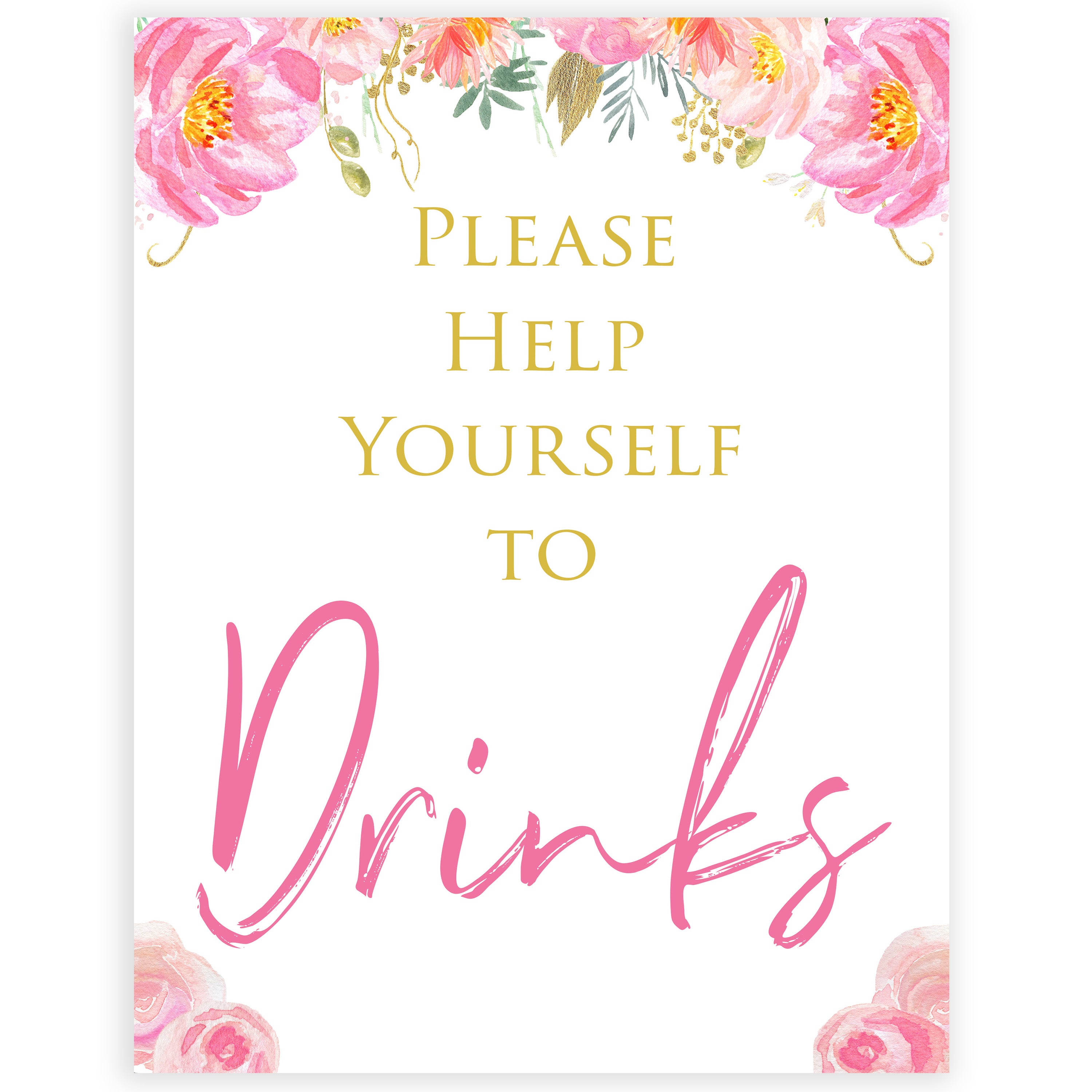 drinks baby table signs, drink table sign, Blush floral baby decor, printable baby table signs, printable baby decor, gold table signs, fun baby signs, floral fun baby table signs