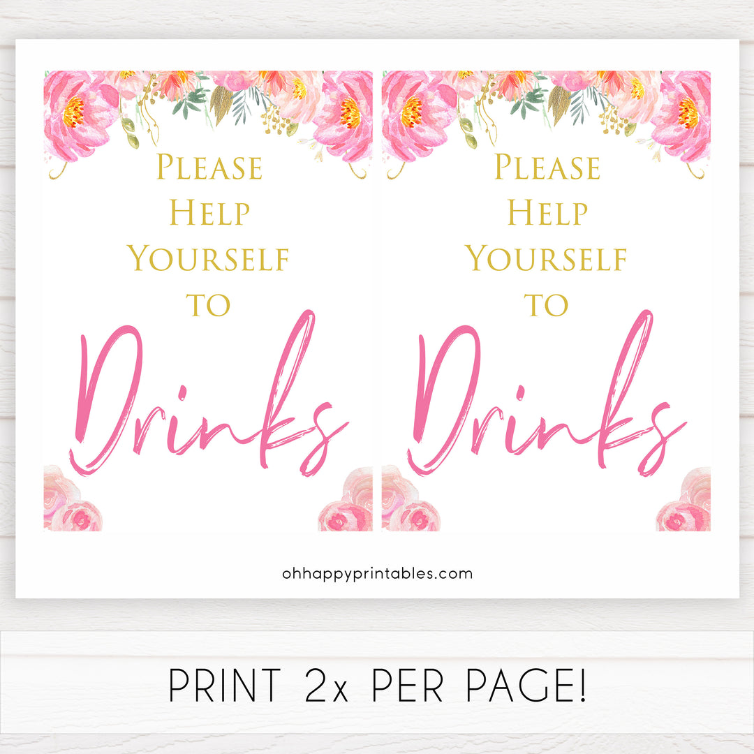 drinks baby table signs, drink table sign, Blush floral baby decor, printable baby table signs, printable baby decor, gold table signs, fun baby signs, floral fun baby table signs