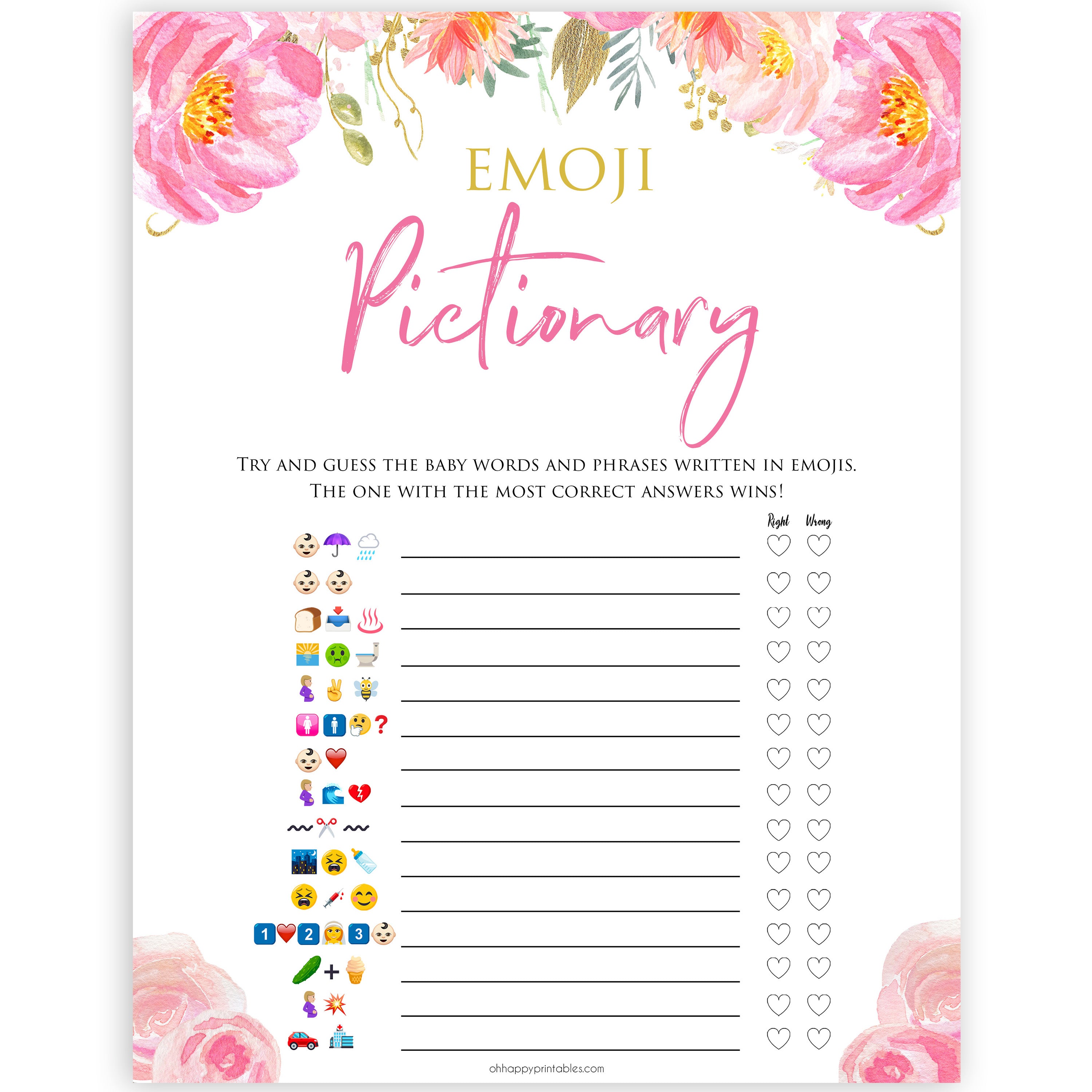 Pink blush floral baby shower emoji pictionary, printable baby games, baby shower games, blush baby shower, floral baby games, girl baby shower ideas, pink baby shower ideas, floral baby games, popular baby games, fun baby games
