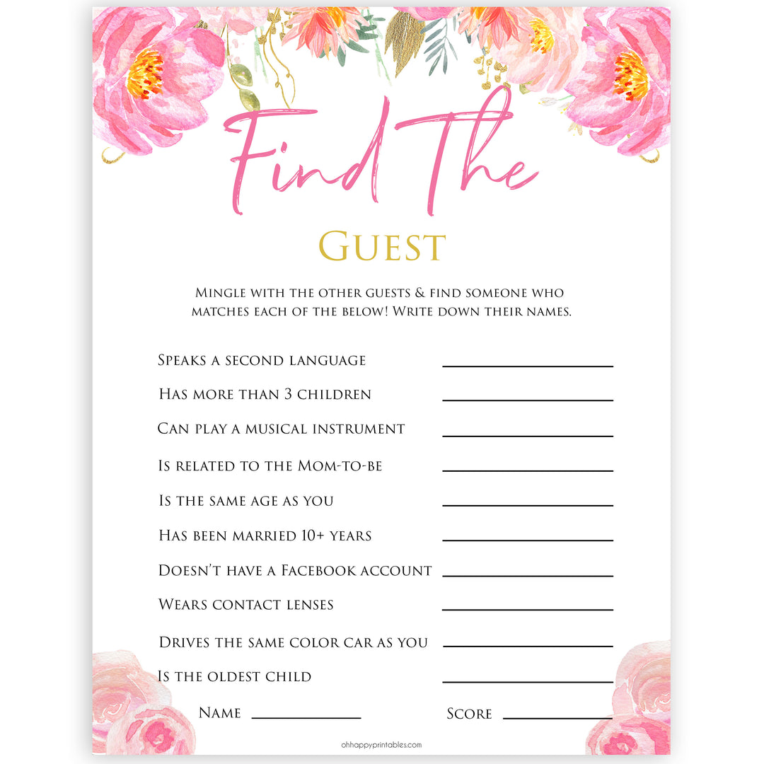Pink blush floral baby shower find the guest, printable baby games, baby shower games, blush baby shower, floral baby games, girl baby shower ideas, pink baby shower ideas, floral baby games, popular baby games, fun baby games