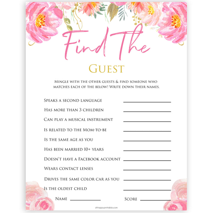 Pink blush floral baby shower find the guest, printable baby games, baby shower games, blush baby shower, floral baby games, girl baby shower ideas, pink baby shower ideas, floral baby games, popular baby games, fun baby games