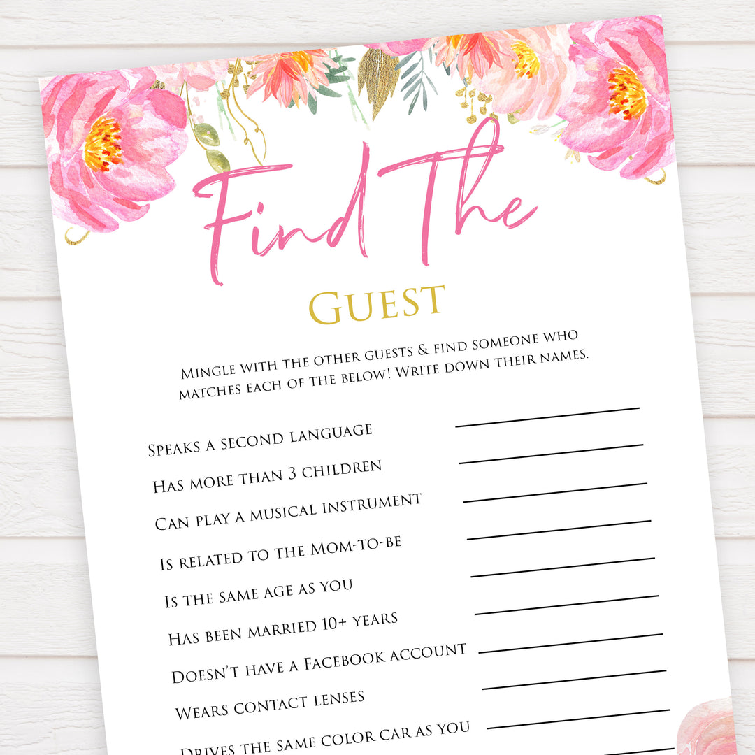 Pink blush floral baby shower find the guest, printable baby games, baby shower games, blush baby shower, floral baby games, girl baby shower ideas, pink baby shower ideas, floral baby games, popular baby games, fun baby games