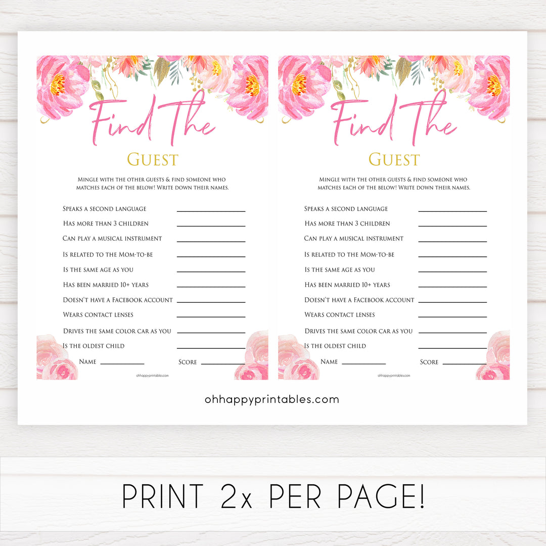 Pink blush floral baby shower find the guest, printable baby games, baby shower games, blush baby shower, floral baby games, girl baby shower ideas, pink baby shower ideas, floral baby games, popular baby games, fun baby games