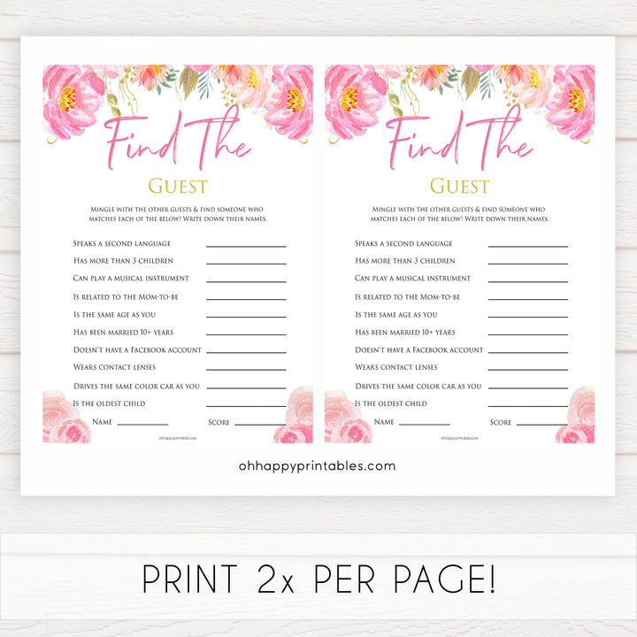 Pink blush floral baby shower find the guest, printable baby games, baby shower games, blush baby shower, floral baby games, girl baby shower ideas, pink baby shower ideas, floral baby games, popular baby games, fun baby games