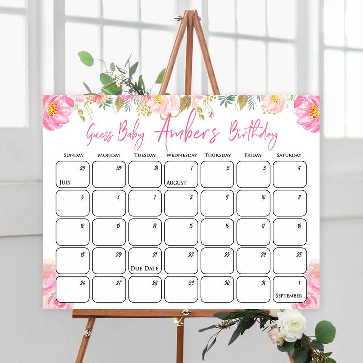 guess the baby birthday game, printable baby games, fun baby shower games, blush floral baby shower game, baby predictions game, baby shower ideas