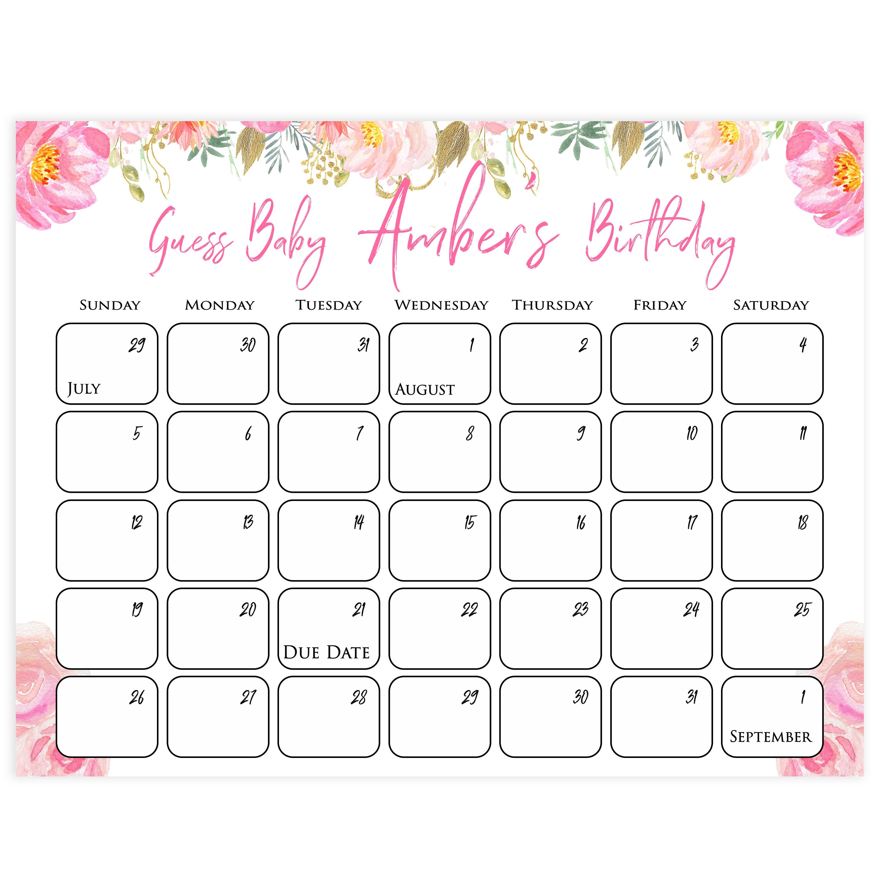 guess the baby birthday game, printable baby games, fun baby shower games, blush floral baby shower game, baby predictions game, baby shower ideas