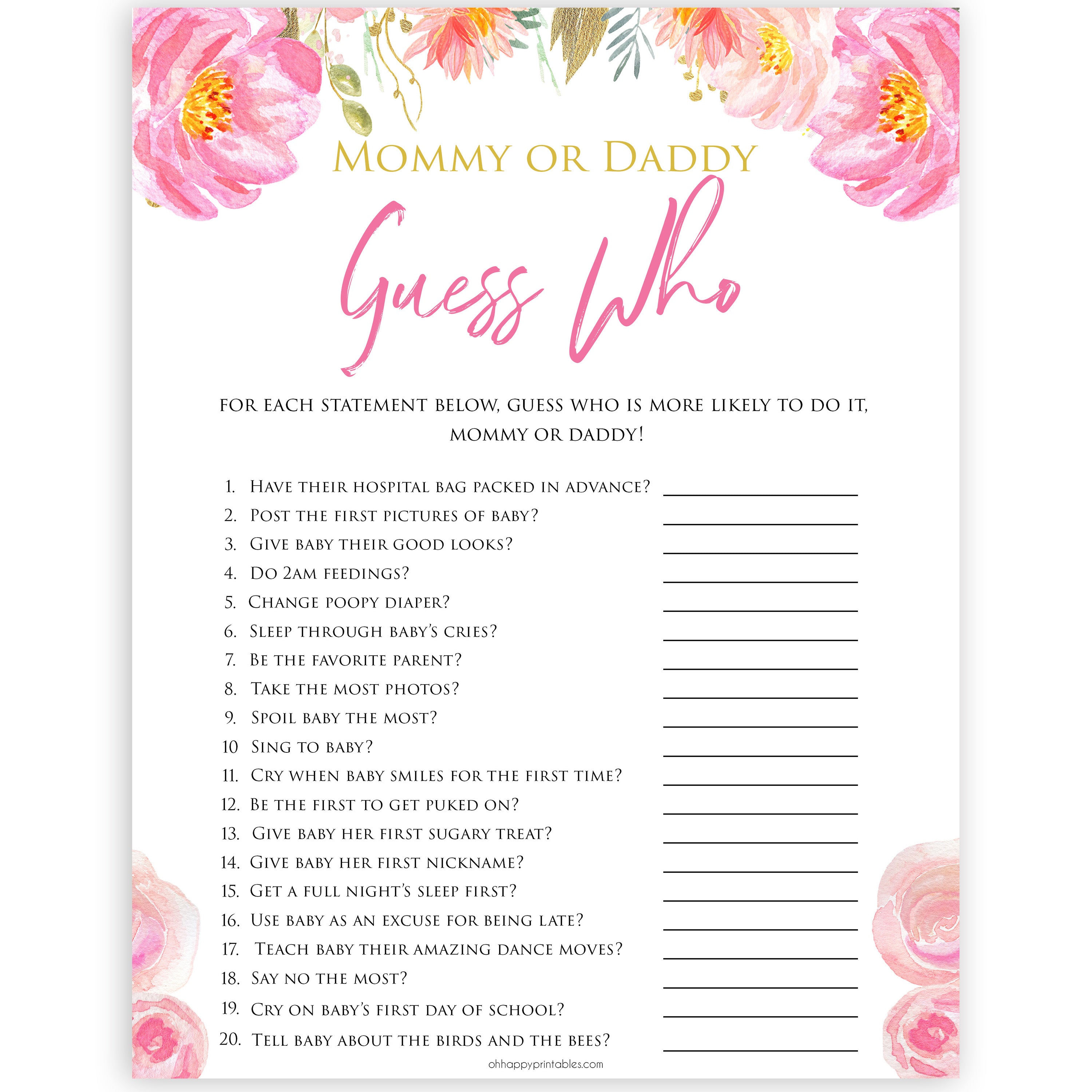 Pink blush floral baby shower guess who game, mommy or daddy games, printable baby games, baby shower games, blush baby shower, floral baby games, girl baby shower ideas, pink baby shower ideas, floral baby games, popular baby games, fun baby games