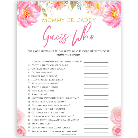Pink blush floral baby shower guess who game, mommy or daddy games, printable baby games, baby shower games, blush baby shower, floral baby games, girl baby shower ideas, pink baby shower ideas, floral baby games, popular baby games, fun baby games