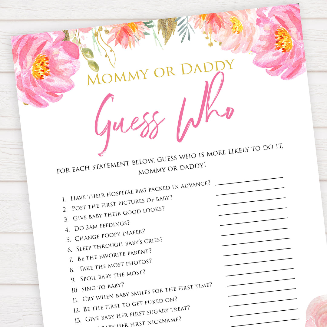 Pink blush floral baby shower guess who game, mommy or daddy games, printable baby games, baby shower games, blush baby shower, floral baby games, girl baby shower ideas, pink baby shower ideas, floral baby games, popular baby games, fun baby games