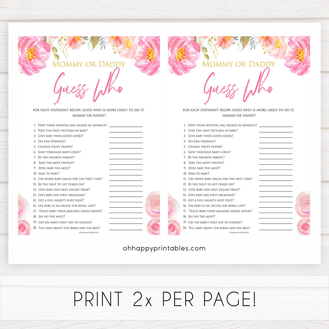 Pink blush floral baby shower guess who game, mommy or daddy games, printable baby games, baby shower games, blush baby shower, floral baby games, girl baby shower ideas, pink baby shower ideas, floral baby games, popular baby games, fun baby games