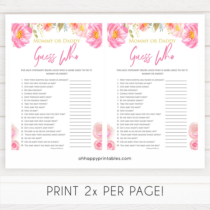 Pink blush floral baby shower guess who game, mommy or daddy games, printable baby games, baby shower games, blush baby shower, floral baby games, girl baby shower ideas, pink baby shower ideas, floral baby games, popular baby games, fun baby games