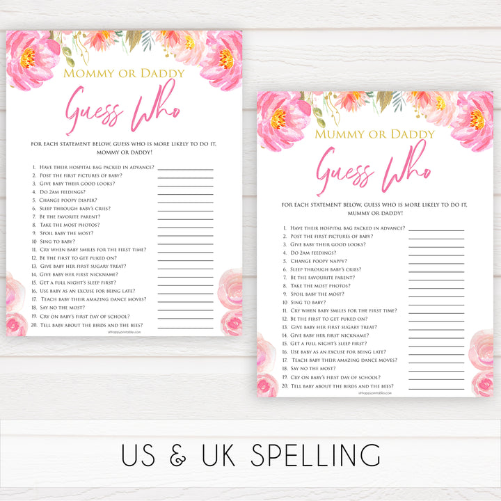 Pink blush floral baby shower guess who game, mommy or daddy games, printable baby games, baby shower games, blush baby shower, floral baby games, girl baby shower ideas, pink baby shower ideas, floral baby games, popular baby games, fun baby games