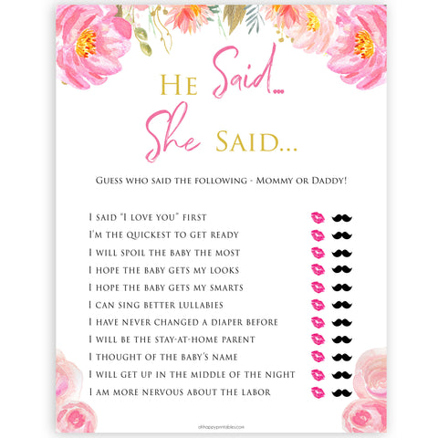 Pink blush floral baby shower he said she said, printable baby games, baby shower games, blush baby shower, floral baby games, girl baby shower ideas, pink baby shower ideas, floral baby games, popular baby games, fun baby games