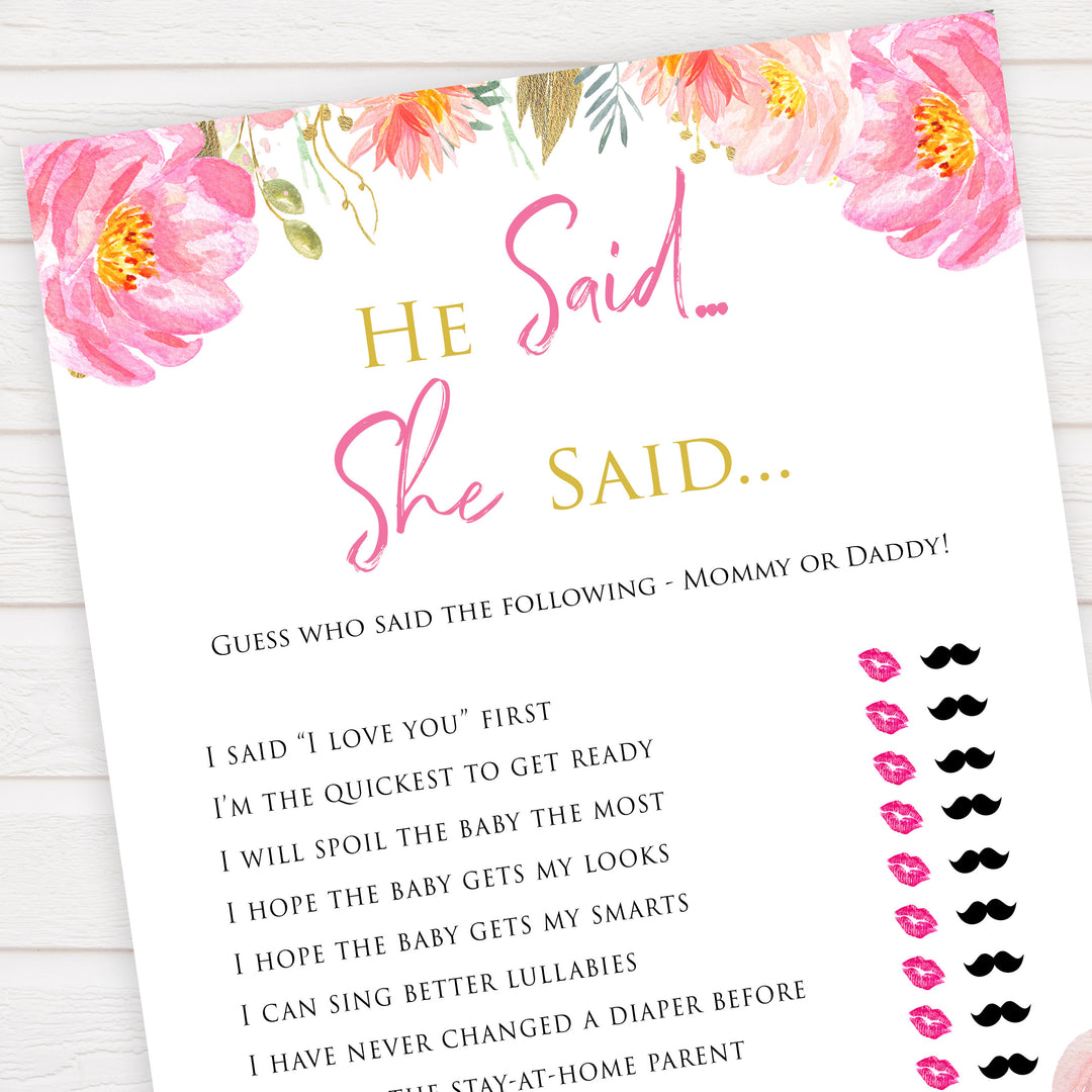 Pink blush floral baby shower he said she said, printable baby games, baby shower games, blush baby shower, floral baby games, girl baby shower ideas, pink baby shower ideas, floral baby games, popular baby games, fun baby games