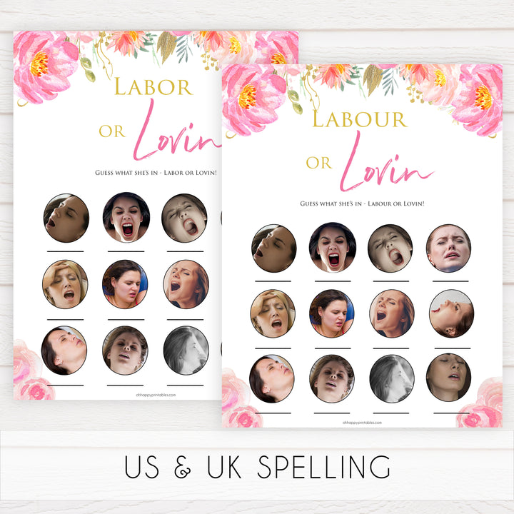 Pink blush floral baby shower labour or lovin, labor or lovin, printable baby games, baby shower games, blush baby shower, floral baby games, girl baby shower ideas, pink baby shower ideas, floral baby games, popular baby games, fun baby games