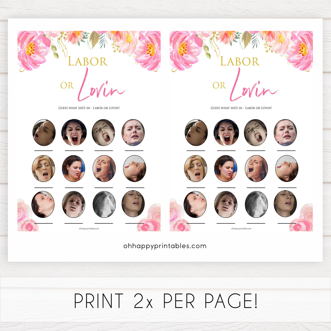 Pink blush floral baby shower labour or lovin, labor or lovin, printable baby games, baby shower games, blush baby shower, floral baby games, girl baby shower ideas, pink baby shower ideas, floral baby games, popular baby games, fun baby games