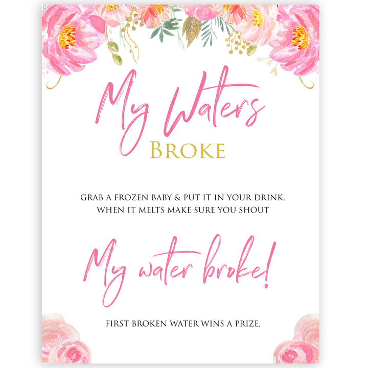 Pink blush floral baby shower my waters broke, printable baby games, baby shower games, blush baby shower, floral baby games, girl baby shower ideas, pink baby shower ideas, floral baby games, popular baby games, fun baby games