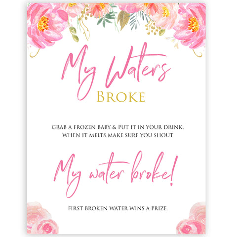 Pink blush floral baby shower my waters broke, printable baby games, baby shower games, blush baby shower, floral baby games, girl baby shower ideas, pink baby shower ideas, floral baby games, popular baby games, fun baby games