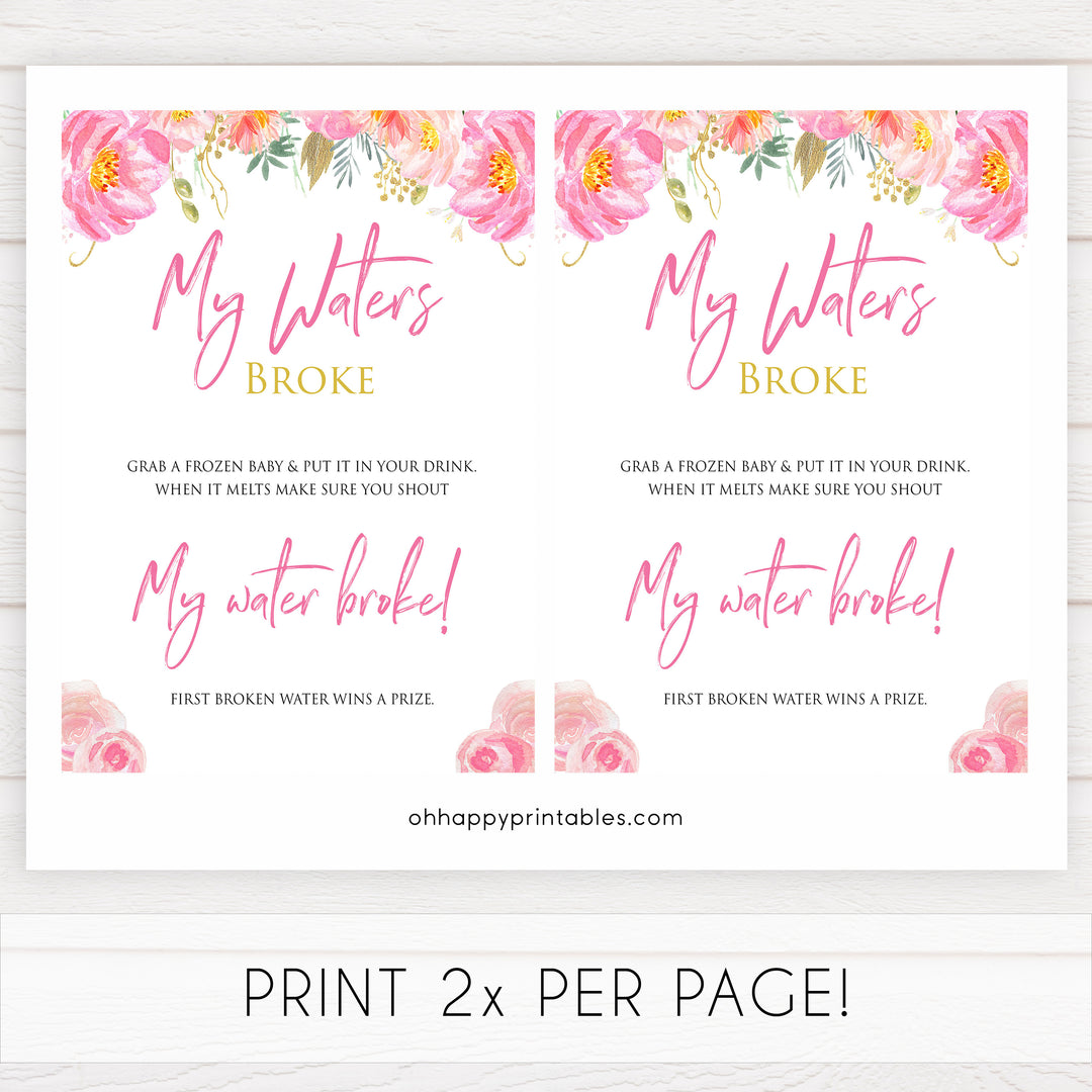 Pink blush floral baby shower my waters broke, printable baby games, baby shower games, blush baby shower, floral baby games, girl baby shower ideas, pink baby shower ideas, floral baby games, popular baby games, fun baby games