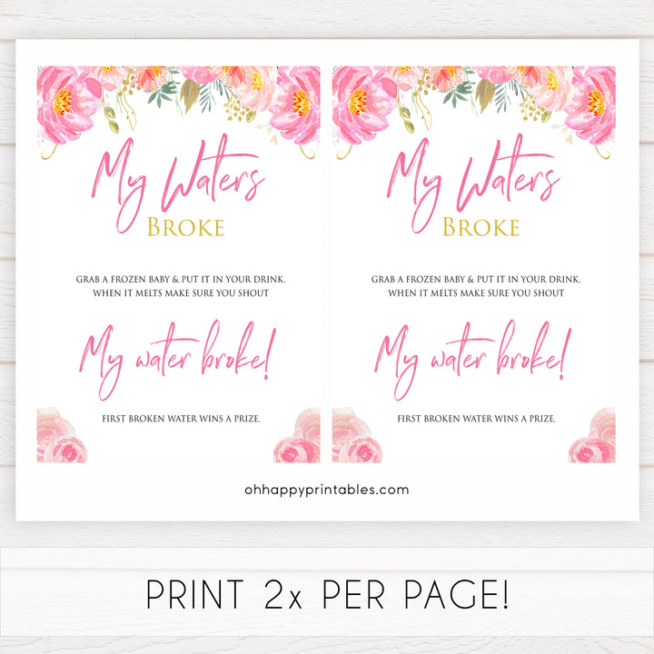 Pink blush floral baby shower my waters broke, printable baby games, baby shower games, blush baby shower, floral baby games, girl baby shower ideas, pink baby shower ideas, floral baby games, popular baby games, fun baby games