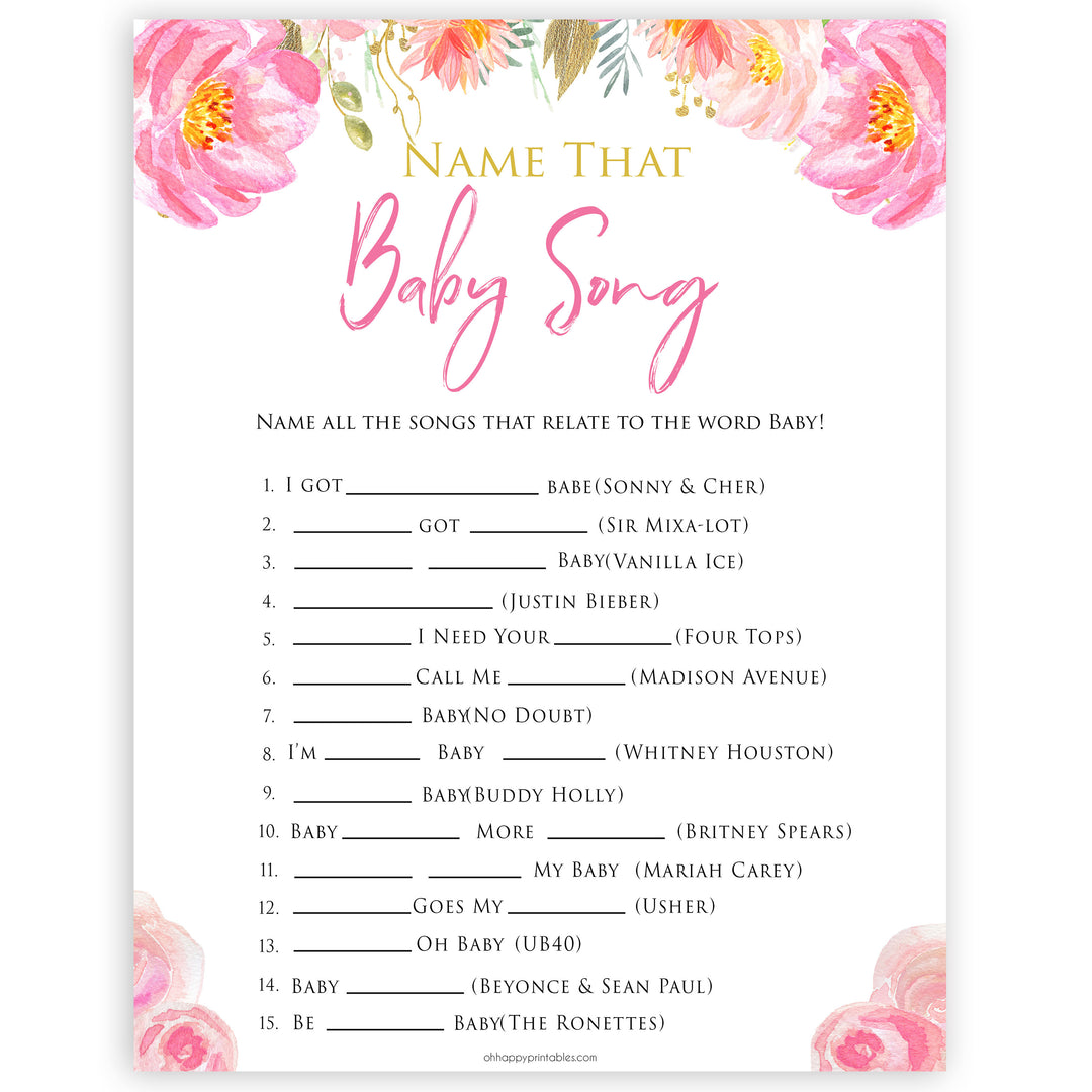Pink blush floral baby shower name that baby song game, printable baby games, baby shower games, blush baby shower, floral baby games, girl baby shower ideas, pink baby shower ideas, floral baby games, popular baby games, fun baby games