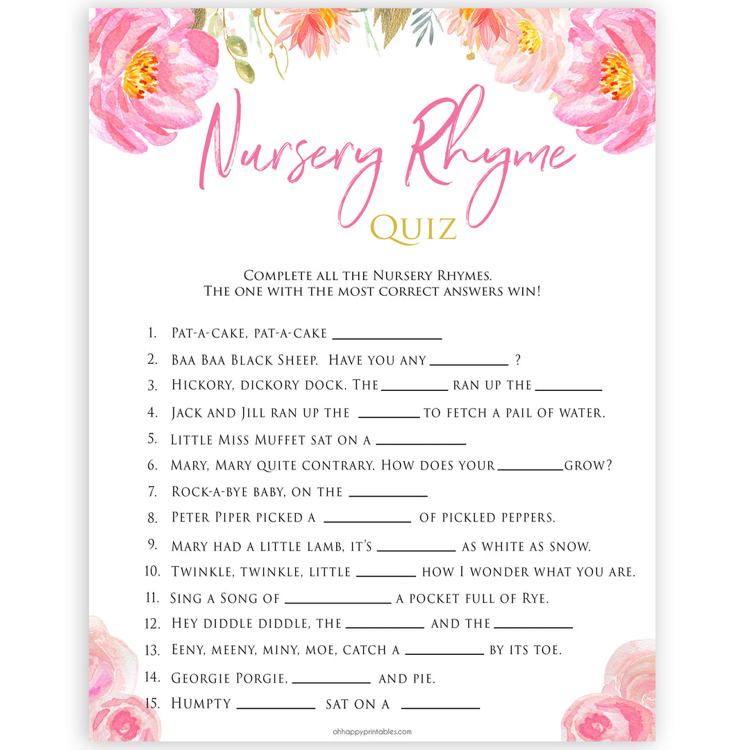 Pink blush floral baby shower nursery rhyme quiz game, printable baby games, baby shower games, blush baby shower, floral baby games, girl baby shower ideas, pink baby shower ideas, floral baby games, popular baby games, fun baby games