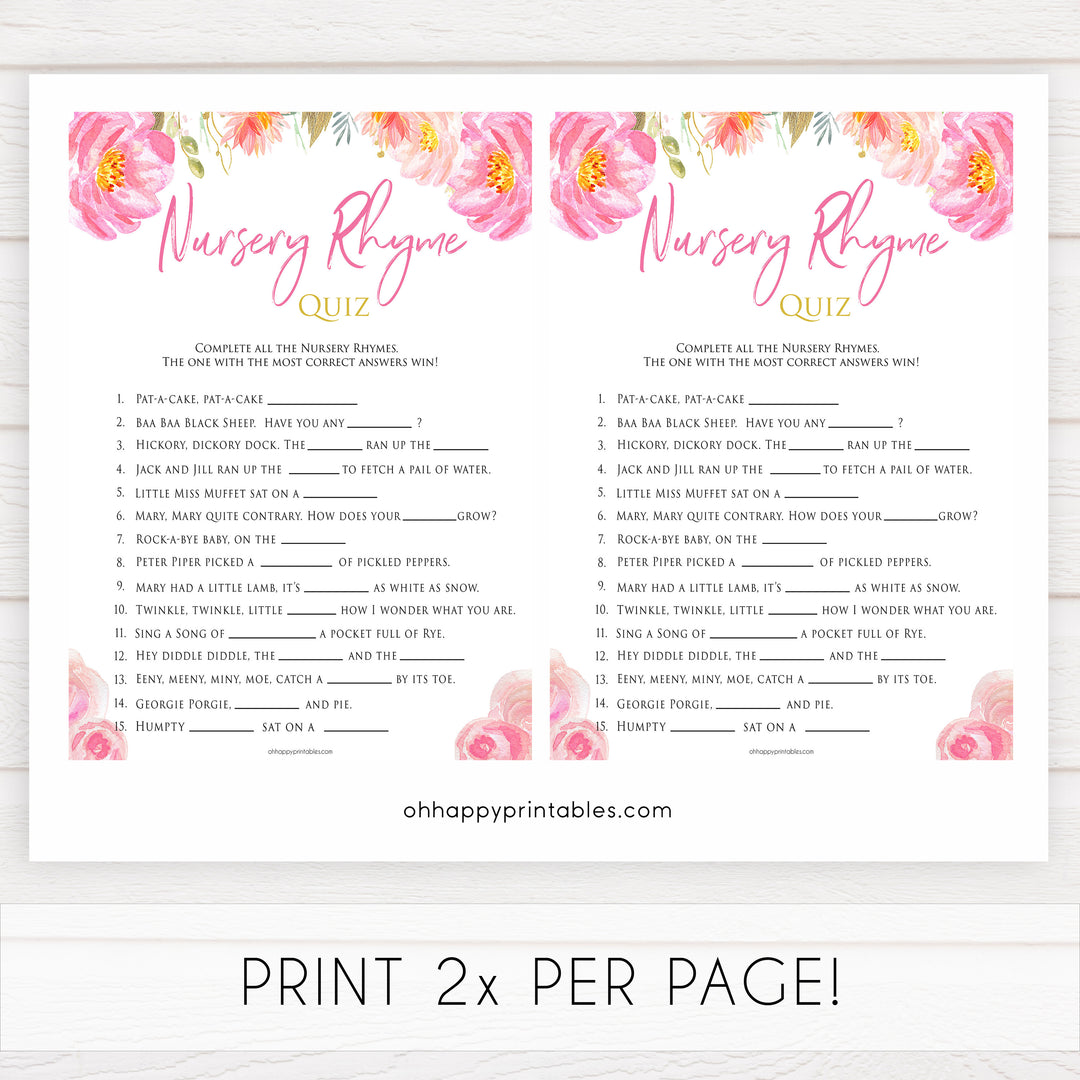 Pink blush floral baby shower nursery rhyme quiz game, printable baby games, baby shower games, blush baby shower, floral baby games, girl baby shower ideas, pink baby shower ideas, floral baby games, popular baby games, fun baby games