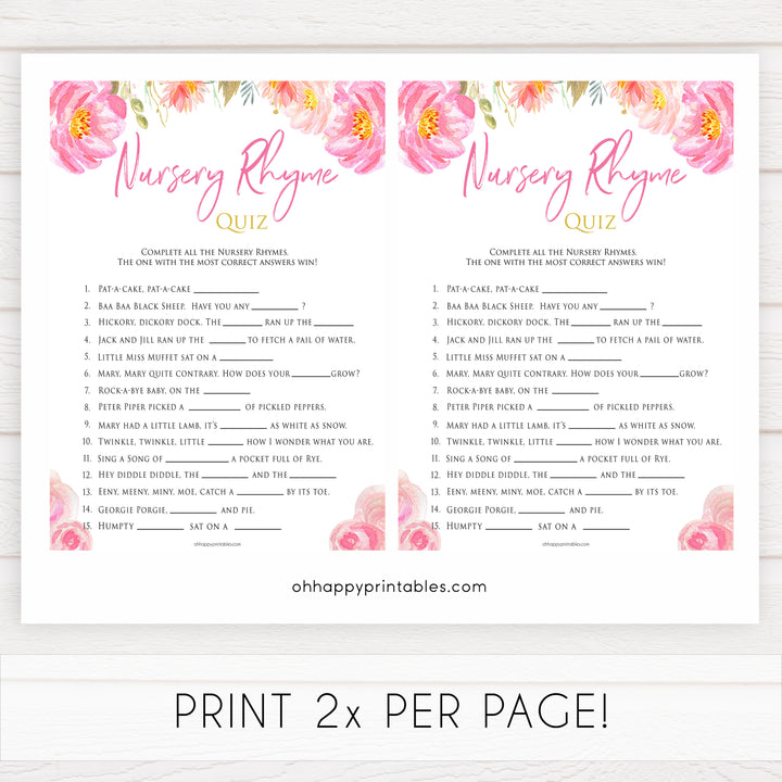 Pink blush floral baby shower nursery rhyme quiz game, printable baby games, baby shower games, blush baby shower, floral baby games, girl baby shower ideas, pink baby shower ideas, floral baby games, popular baby games, fun baby games