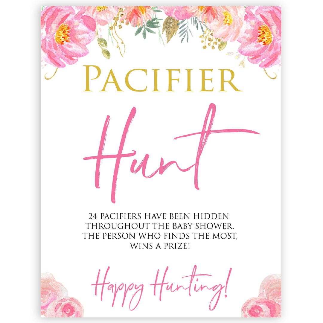 Pink blush floral baby shower pacifier hunt game, printable baby games, baby shower games, blush baby shower, floral baby games, girl baby shower ideas, pink baby shower ideas, floral baby games, popular baby games, fun baby games