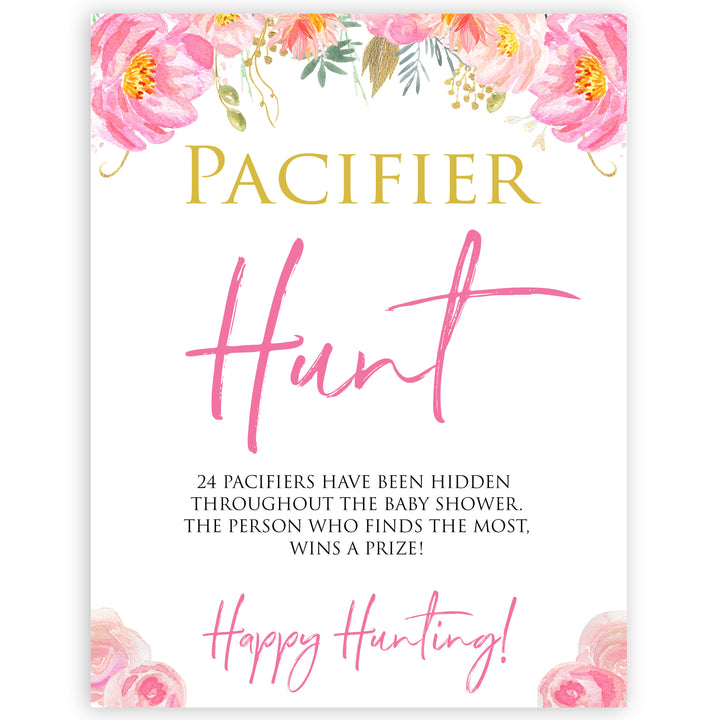 Pink blush floral baby shower pacifier hunt game, printable baby games, baby shower games, blush baby shower, floral baby games, girl baby shower ideas, pink baby shower ideas, floral baby games, popular baby games, fun baby games