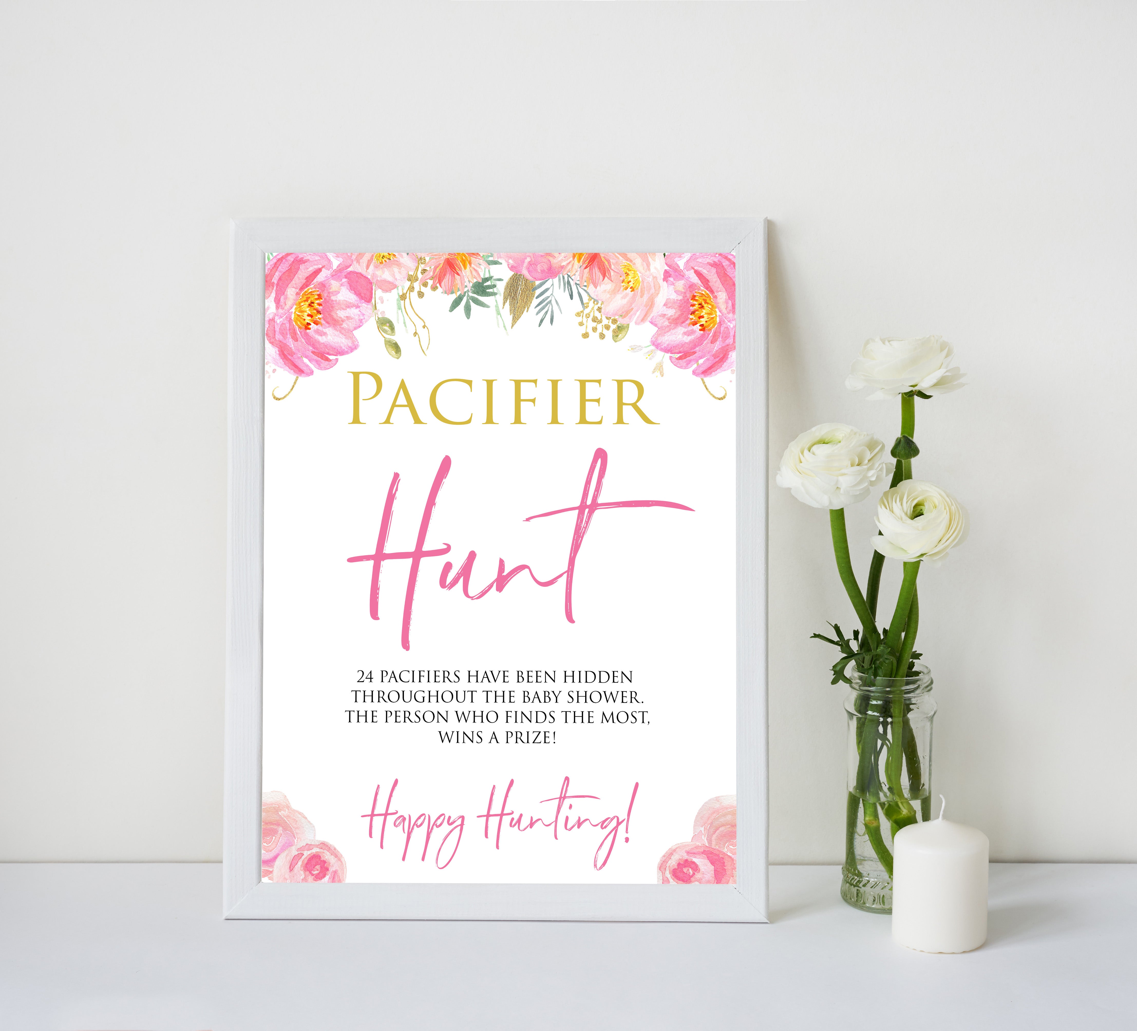 Pink blush floral baby shower pacifier hunt game, printable baby games, baby shower games, blush baby shower, floral baby games, girl baby shower ideas, pink baby shower ideas, floral baby games, popular baby games, fun baby games