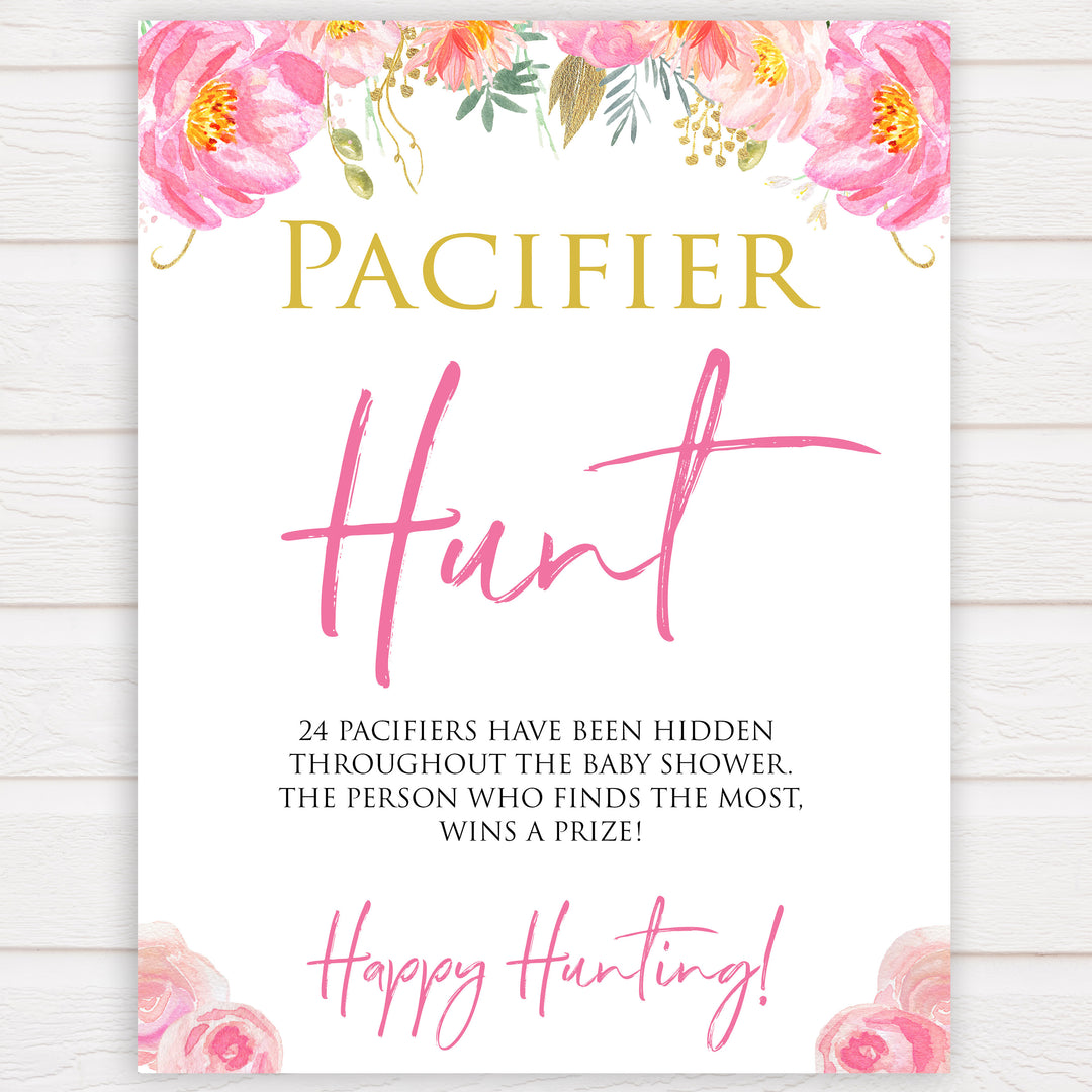 Pink blush floral baby shower pacifier hunt game, printable baby games, baby shower games, blush baby shower, floral baby games, girl baby shower ideas, pink baby shower ideas, floral baby games, popular baby games, fun baby games