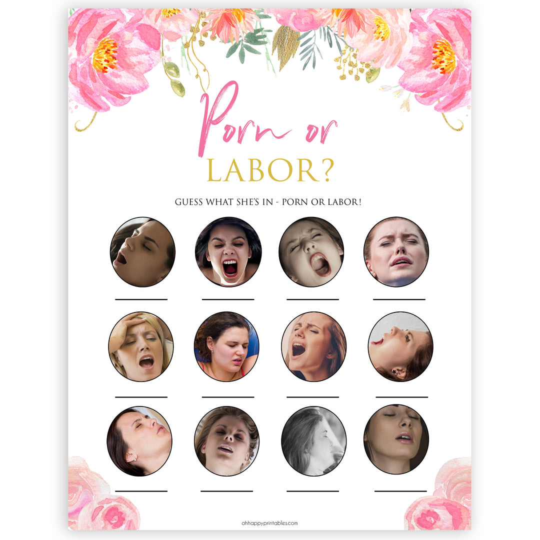 Pink blush floral baby shower porn or labour, porn or labor game, printable baby games, baby shower games, blush baby shower, floral baby games, girl baby shower ideas, pink baby shower ideas, floral baby games, popular baby games, fun baby games