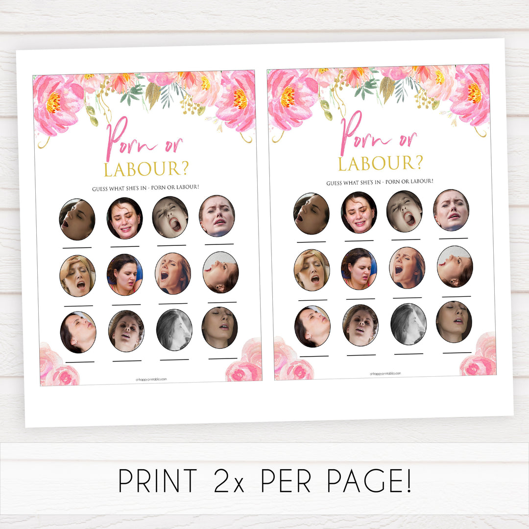 Pink blush floral baby shower porn or labour, porn or labor game, printable baby games, baby shower games, blush baby shower, floral baby games, girl baby shower ideas, pink baby shower ideas, floral baby games, popular baby games, fun baby games