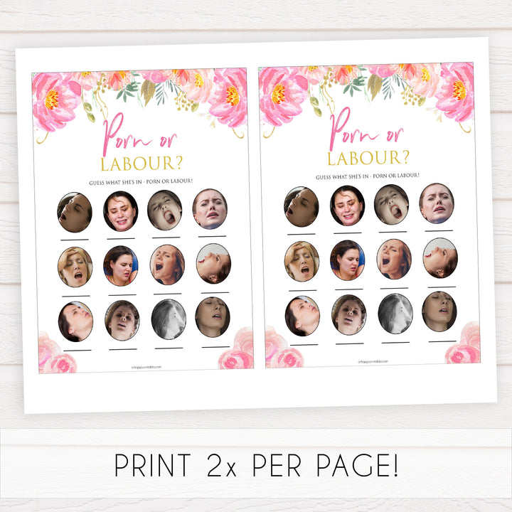 Pink blush floral baby shower porn or labour, porn or labor game, printable baby games, baby shower games, blush baby shower, floral baby games, girl baby shower ideas, pink baby shower ideas, floral baby games, popular baby games, fun baby games