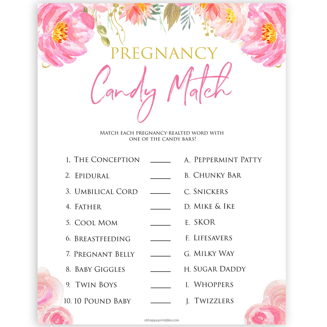 Pink blush floral pregnancy candy match game, printable baby games, baby shower games, blush baby shower, floral baby games, girl baby shower ideas, pink baby shower ideas, floral baby games, popular baby games, fun baby games