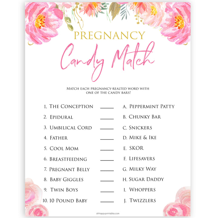 Pink blush floral pregnancy candy match game, printable baby games, baby shower games, blush baby shower, floral baby games, girl baby shower ideas, pink baby shower ideas, floral baby games, popular baby games, fun baby games