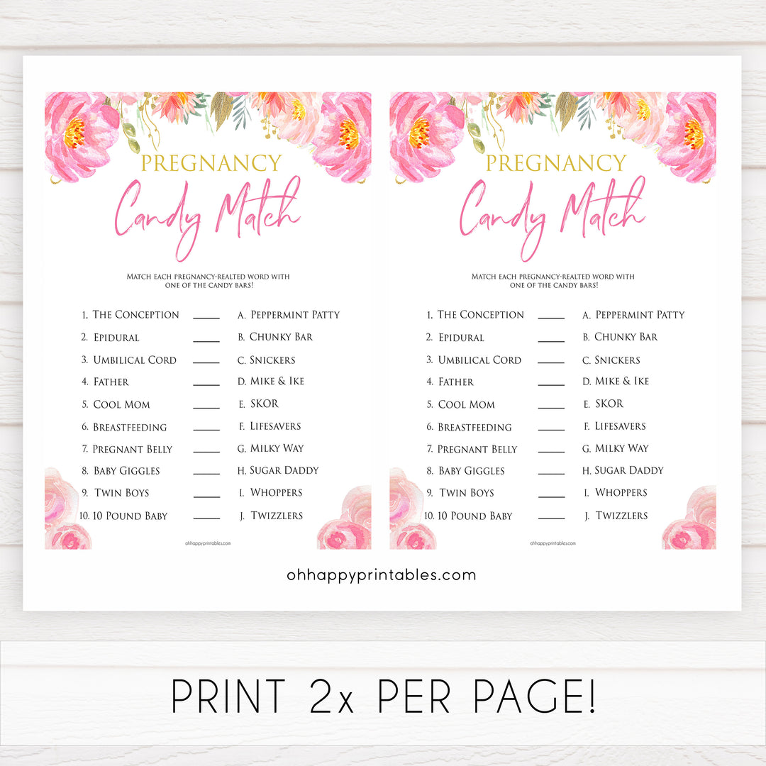 Pink blush floral pregnancy candy match game, printable baby games, baby shower games, blush baby shower, floral baby games, girl baby shower ideas, pink baby shower ideas, floral baby games, popular baby games, fun baby games