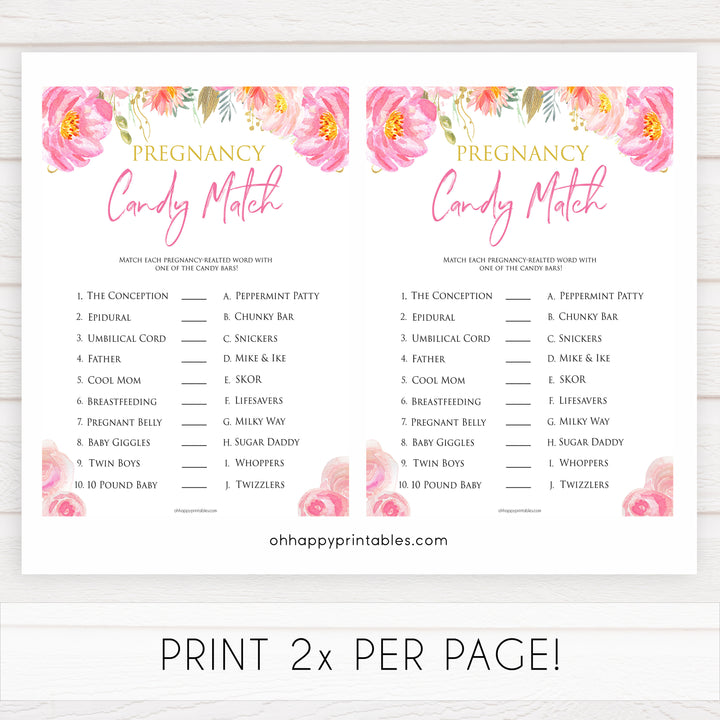 Pink blush floral pregnancy candy match game, printable baby games, baby shower games, blush baby shower, floral baby games, girl baby shower ideas, pink baby shower ideas, floral baby games, popular baby games, fun baby games