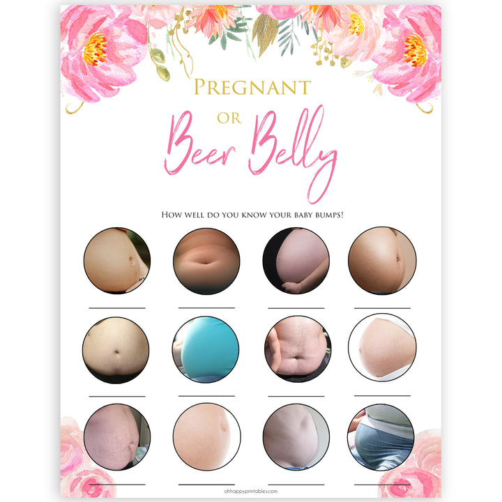 Pink blush floral baby shower pregnant or beer belly game, printable baby games, baby shower games, blush baby shower, floral baby games, girl baby shower ideas, pink baby shower ideas, floral baby games, popular baby games, fun baby games